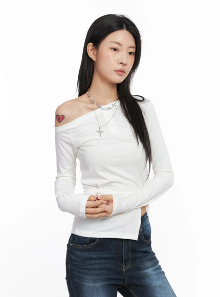 asymmetric-slit-wrap-long-sleeve-top-co507 / White