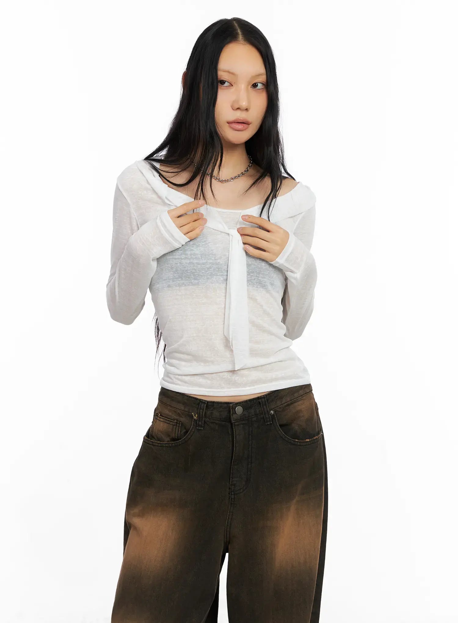 off-shoulder-sheer-long-sleeve-top-co529 / White