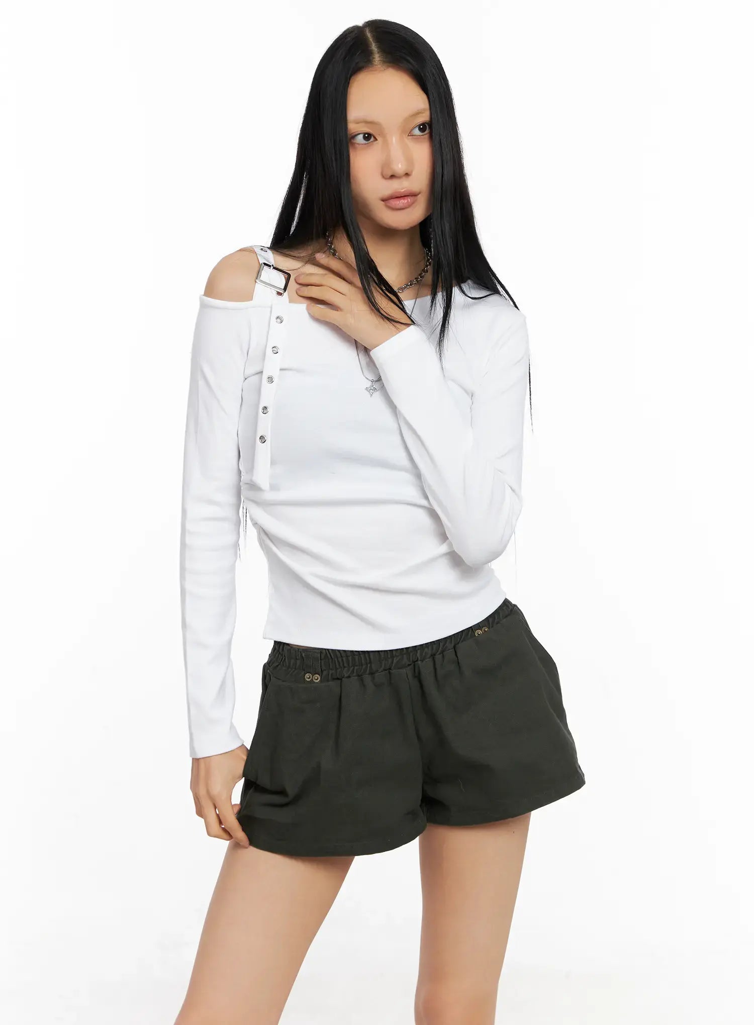 asymmetric-strap-long-sleeve-top-co529 / White