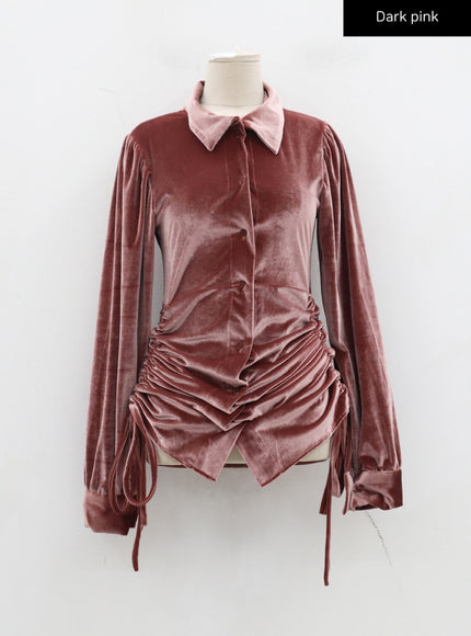 Side Tie Ruching Velvet Long Sleeve Mini Dress CD23