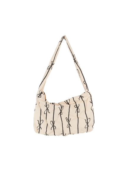 casual-striped-ribbon-shoulder-bag / Beige
