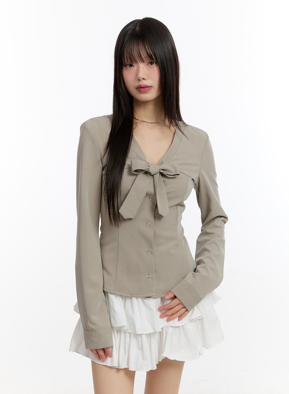 ribbon-tie-v-neck-blouse-top-ca509 / Beige