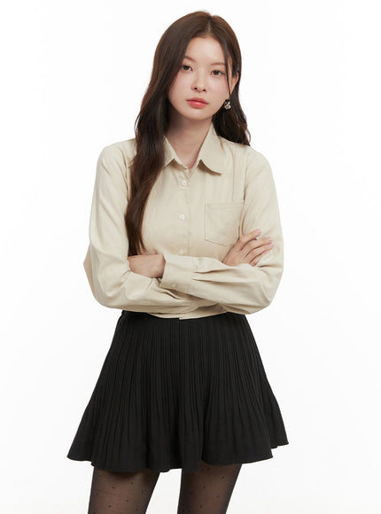 cotton-collared-button-up-blouse-od403 / Beige