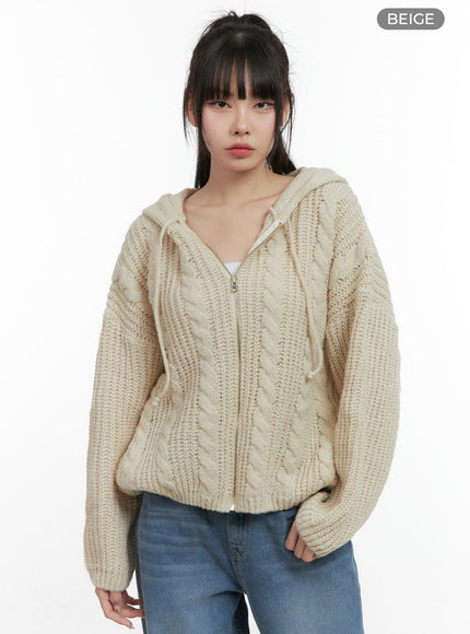 oversized-cable-knit-hooded-sweater-os410 / Beige