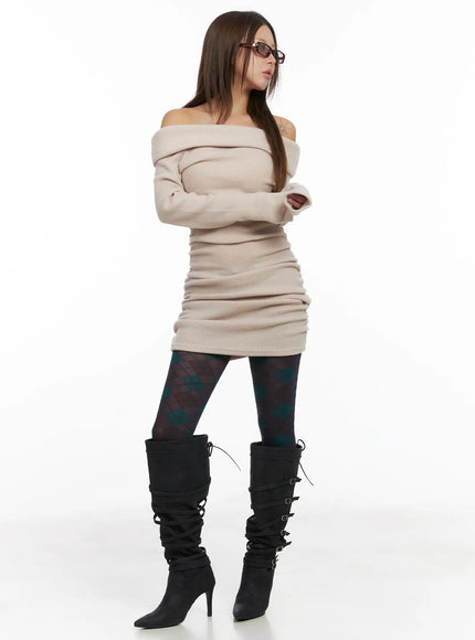 chic-off-shoulder-mini-dress-cj513 / Beige