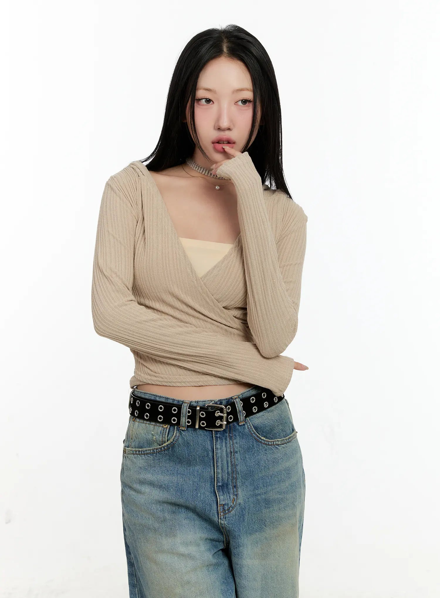 knit-wrap-hoodie-long-sleeve-top-cn505 / Beige