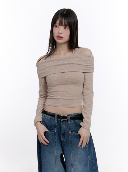 off-shoulder-crop-top-with-halter-strap-cf512 / Beige