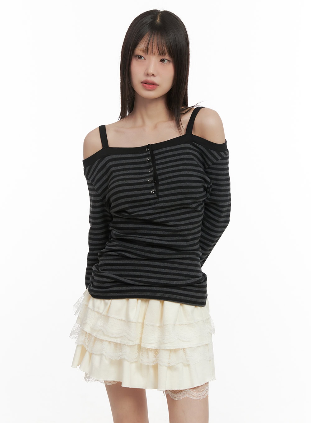 striped-off-shoulder-long-sleeve-top-cd425 / Black