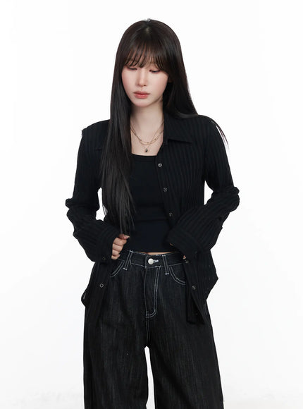 sheer-striped-long-sleeve-shirt-cf523 / Black