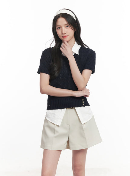 cable-knit-short-sleeve-sweater-ca510 / dark blue