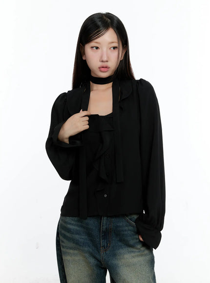 ruffled-chiffon-blouse-with-scarf-set-cs518 / Black