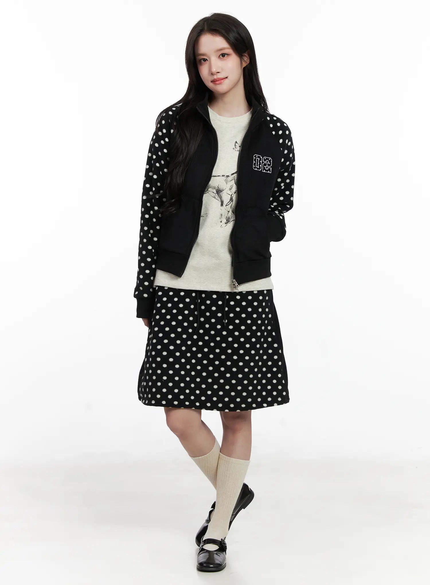 fleece-polka-dot-track-zip-up-cn527 / Black