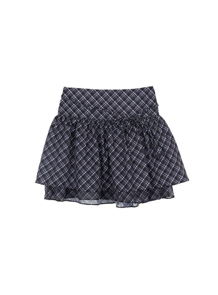 plaid-ruffle-mini-skirt-cf518 / Black