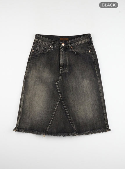 destroyed-hem-denim-midi-skirt-cl422 / Black