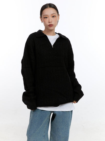 half-zip-cable-knit-sweater-co431 / Black