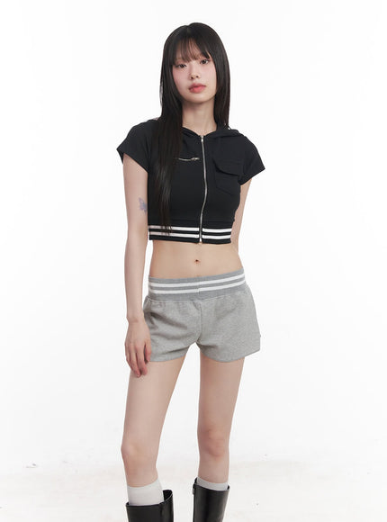 striped-zip-up-hooded-crop-top-cu506 / Black