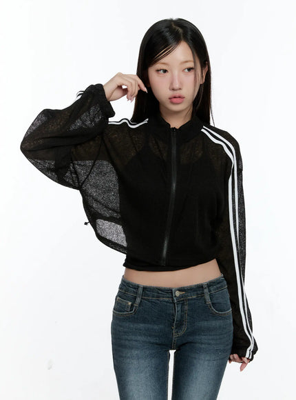 sheer-linen-zip-up-crop-jacket-cs518 / Black