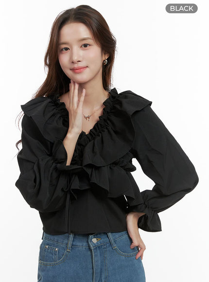 long-sleeve-frill-detail-blouse-oo421 / Black