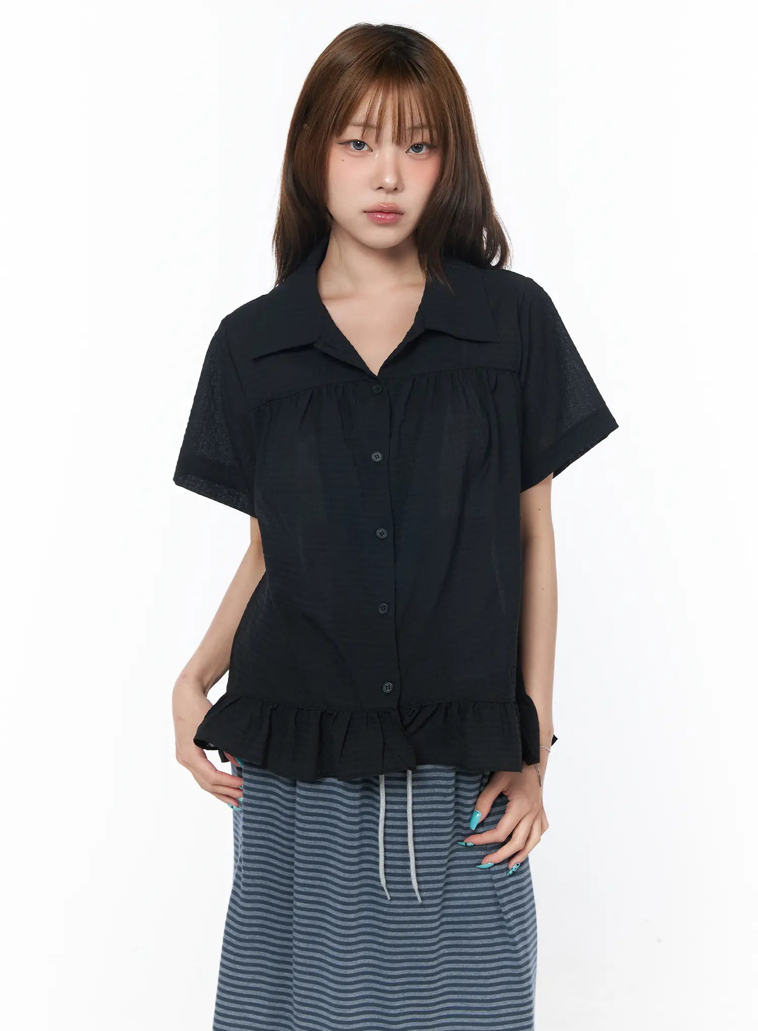 ruffle-hem-short-sleeve-shirt-cy529 / Black