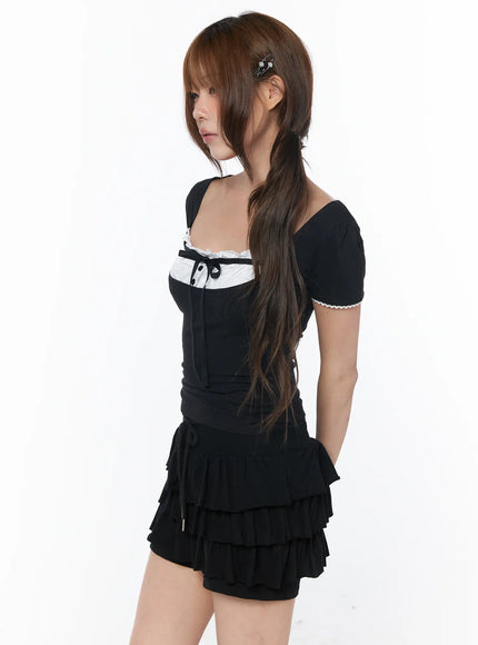 ruffled-lace-ribbon-short-sleeve-top-cy529 / Black
