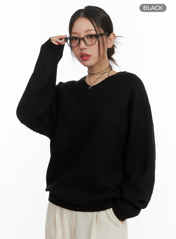 oversized-v-neck-waffle-knit-sweater-oa415 / Black