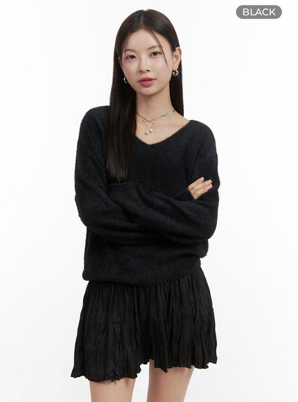 hairy-v-neck-knit-oo416 / Black