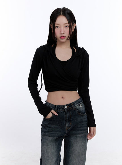 Layered Wrap Cropped Hoodie CJ511