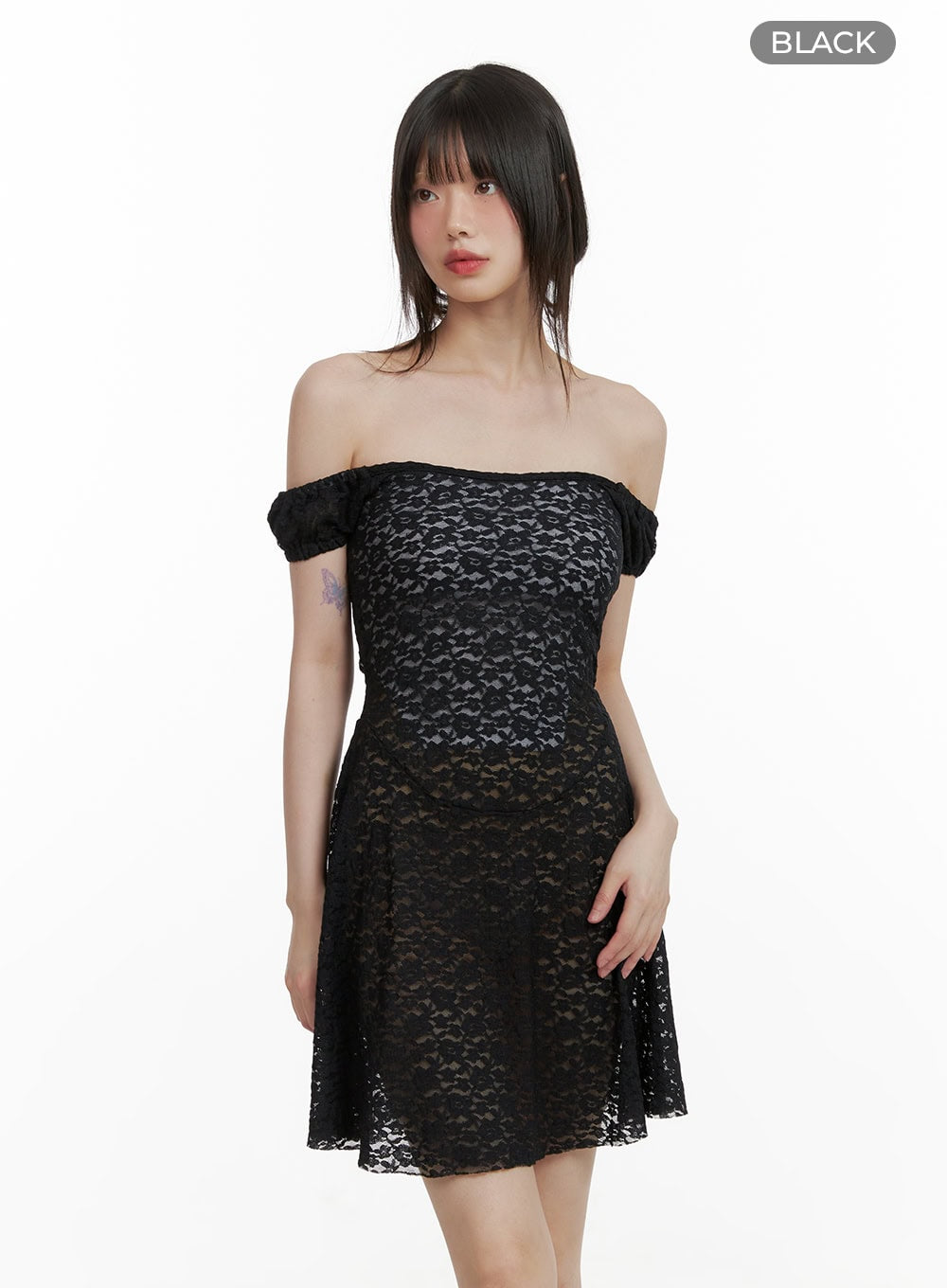 sheer-off-shoulder-mini-dress-cy428 / Black