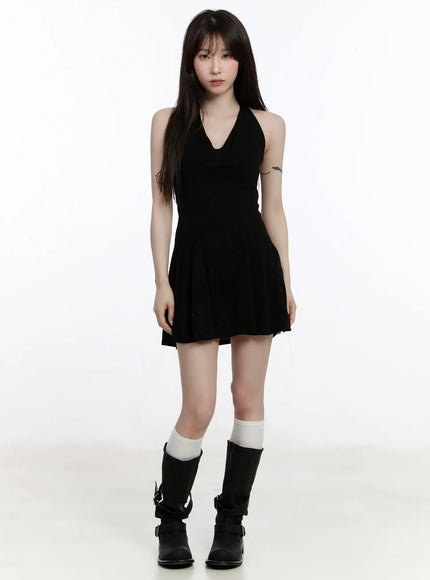ribbed-halter-flare-mini-dress-ca502 / Black