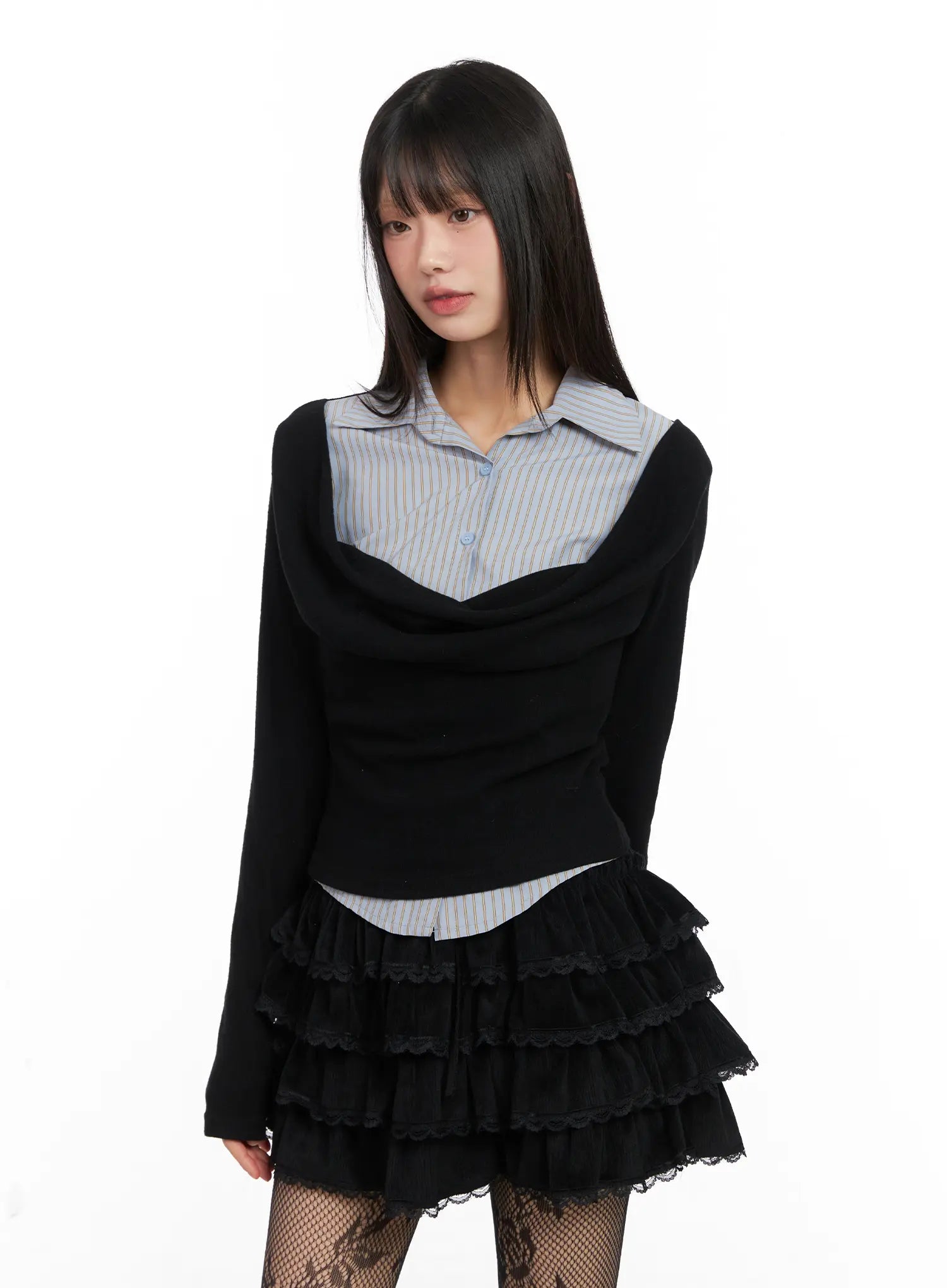 layered-striped-long-sleeve-top-cn520 / Black
