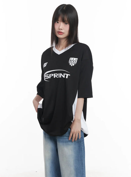 oversized-graphic-v-neck-jersey-cu518 / Black