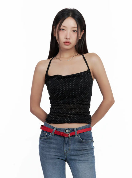 polka-dot-square-neck-halter-top-cl508 / Black