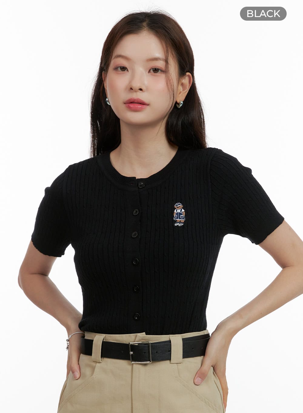 cable-embroidered-short-sleeve-cardigan-ou411 / Black