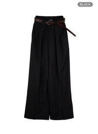 pintuck-belted-wide-leg-tailored-pants-ou411 / Black