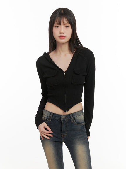 cropped-v-neck-zip-up-hoodie-cd426 / Black