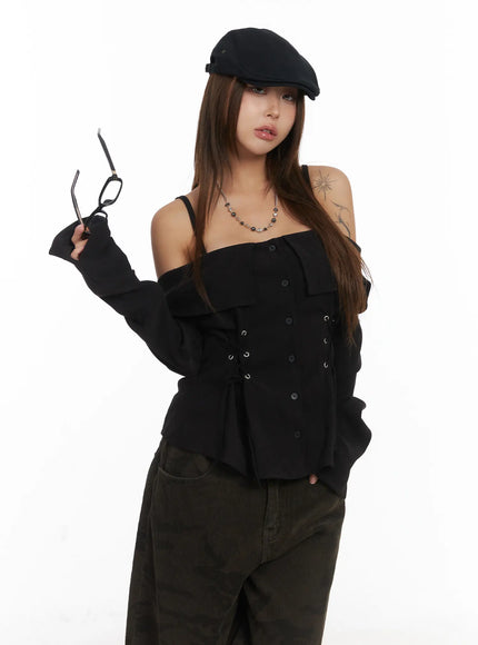 off-shoulder-suede-corset-blouse-cj512 / Black
