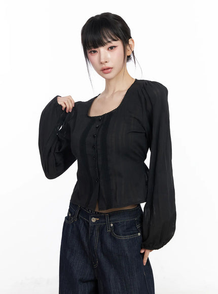 lace-button-front-square-neck-blouse-cf518 / Black