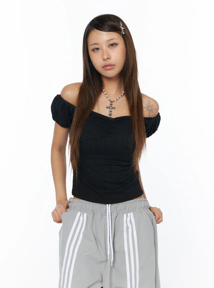 Ribbed Puff Sleeve Top CA516