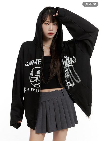 oversized-graphic-zip-up-hoodie-cl424 / Black