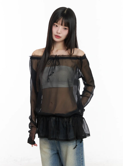 sheer-off-shoulder-blouse-cm524 / Black