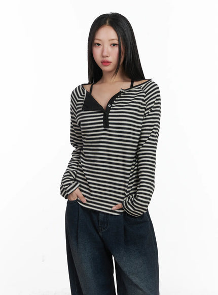 fleece-striped-button-long-sleeve-top-cd529 / Black