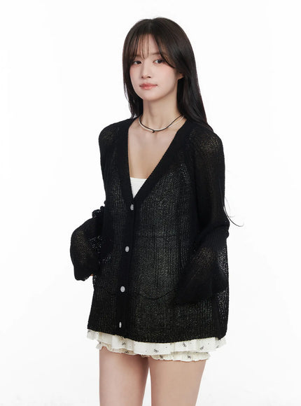 sheer-linen-knit-cardigan-cm531 / Black