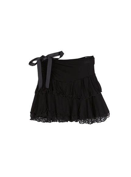 lace-trim-ribbon-mini-skirt-cu527 / Black