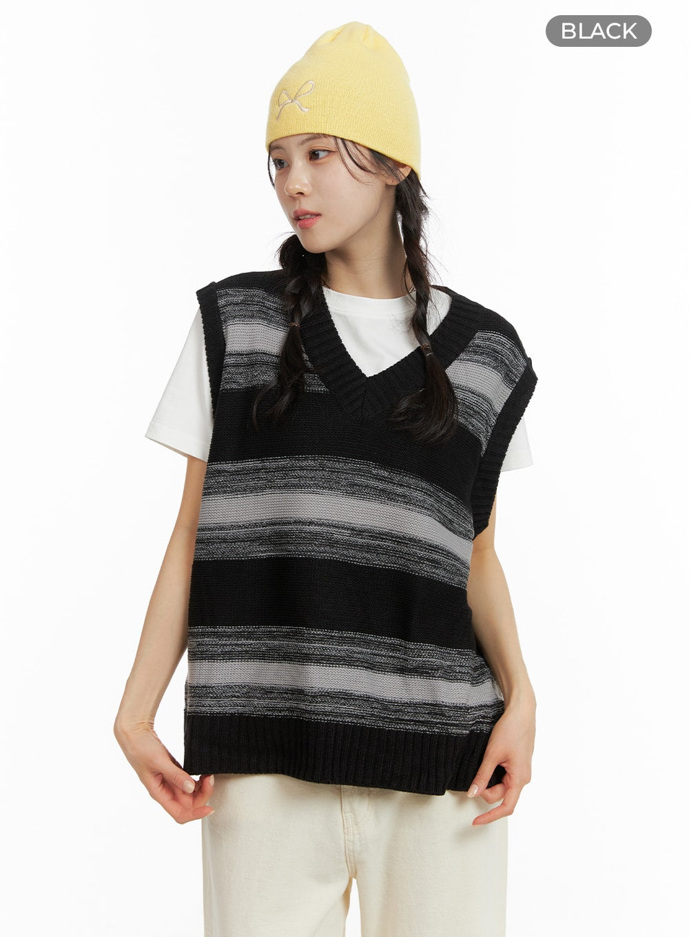oversized-striped-knit-sweater-vest-om419 / Black