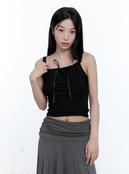 lace-shirred-cropped-tank-cl518 / Black