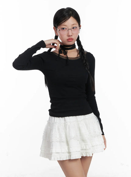 lace-trim-top-and-ruffle-skirt-set-cn528 / Black