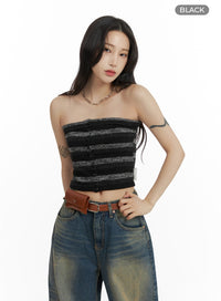 striped-buttoned-tube-top-cm405 / Black