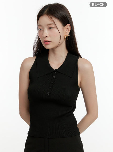 buttoned-collar-sleeveless-top-ol423 / Black