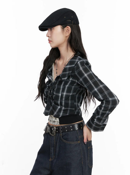 plaid-shirred-crop-long-sleeve-shirt-cn513 / Black