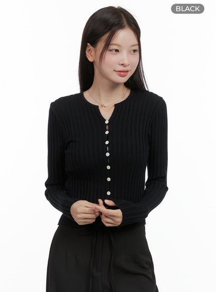 ribbed-slim-buttoned-long-sleeve-top-og416 / Black